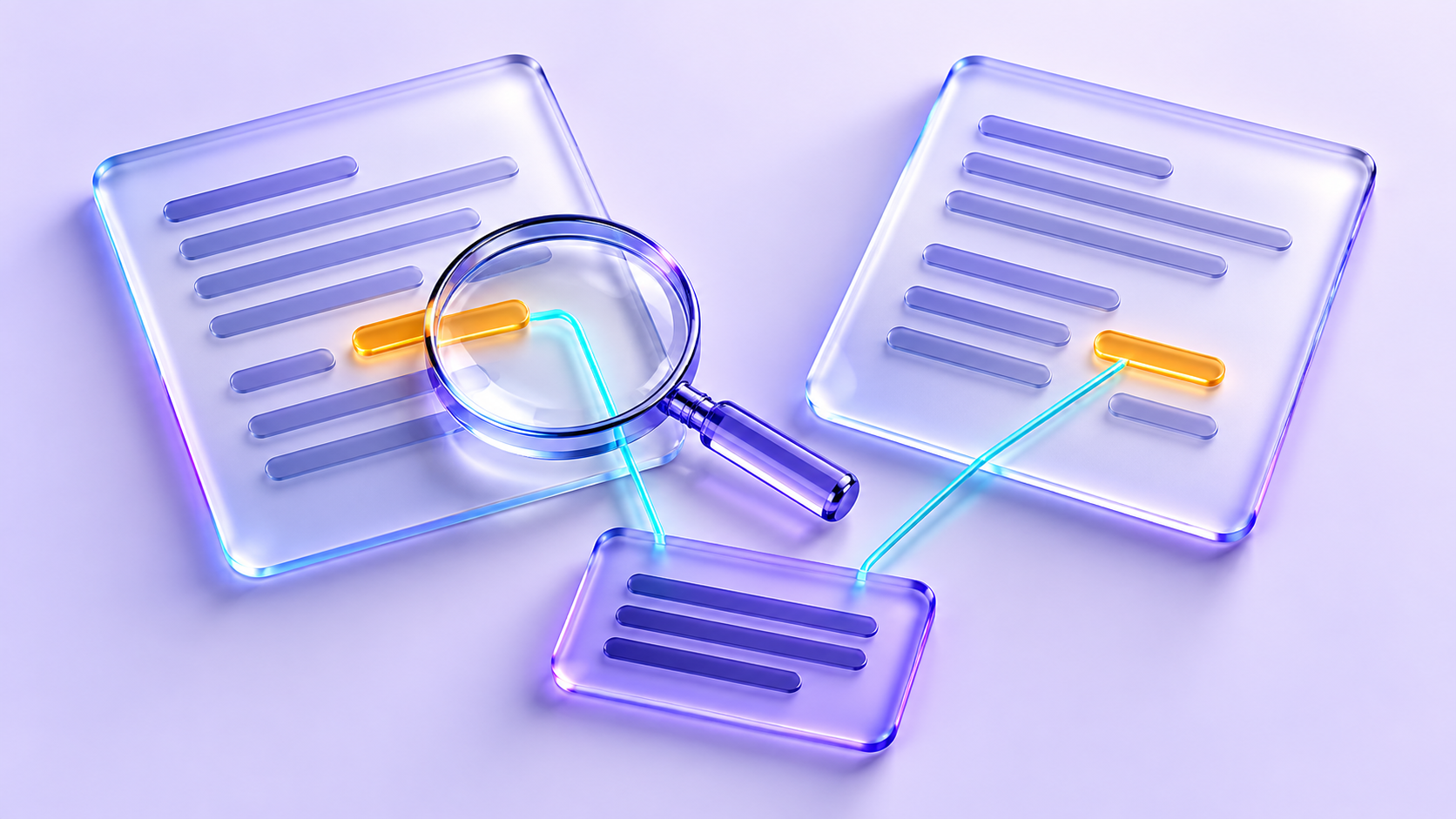 Two frosted-glass answer sheets have amber-highlighted passages linked to a shared evidence card, with a magnifying glass over one passage.