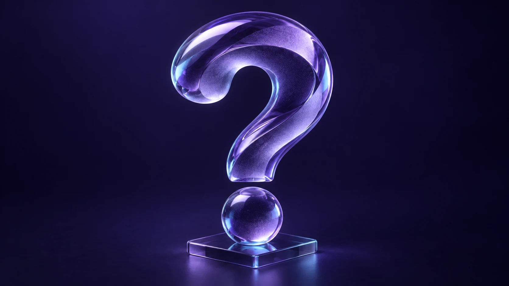 A translucent violet glass question mark stands on a glass base against a dark blue background.