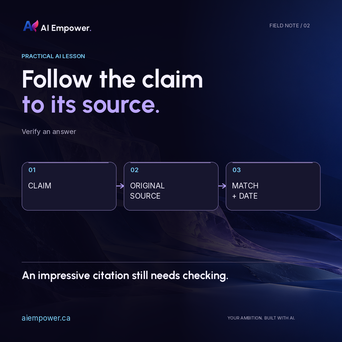 Follow the claim to its source. A claim points to an original source, then a match-and-date check.