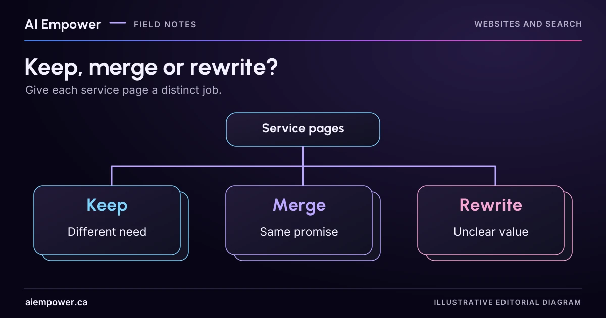 A service-page sitemap branches into Keep for a different need, Merge for the same promise, and Rewrite for unclear value.