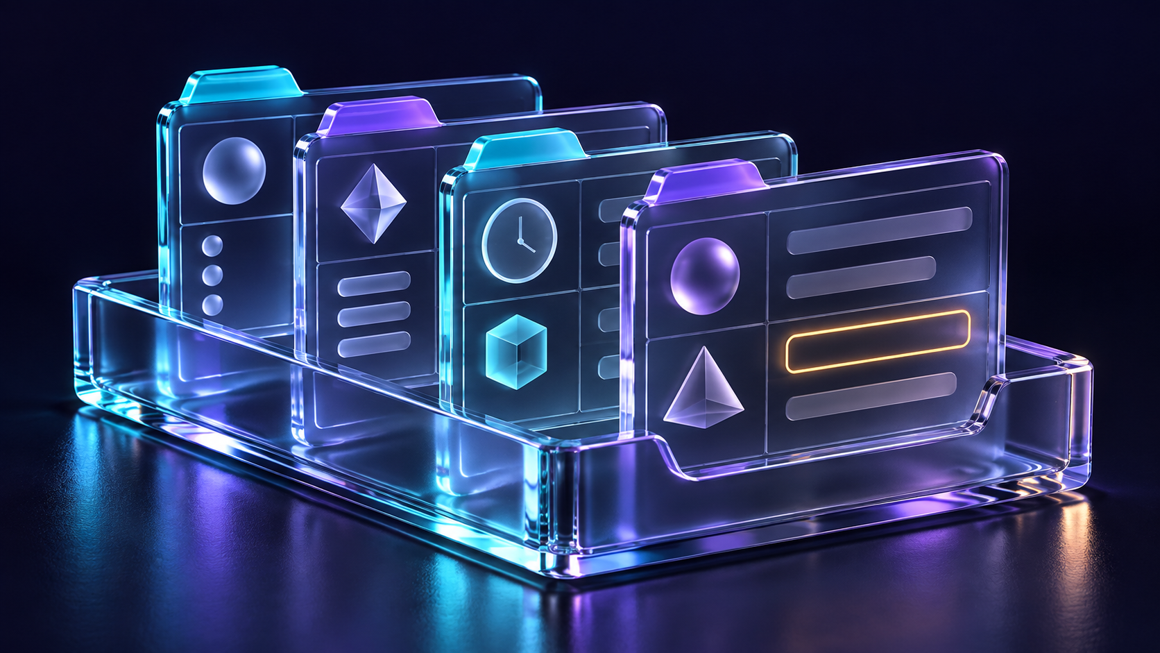 Four violet and cyan glass catalogue cards show distinct variants, a clock and unit symbol, and an amber-outlined empty field.