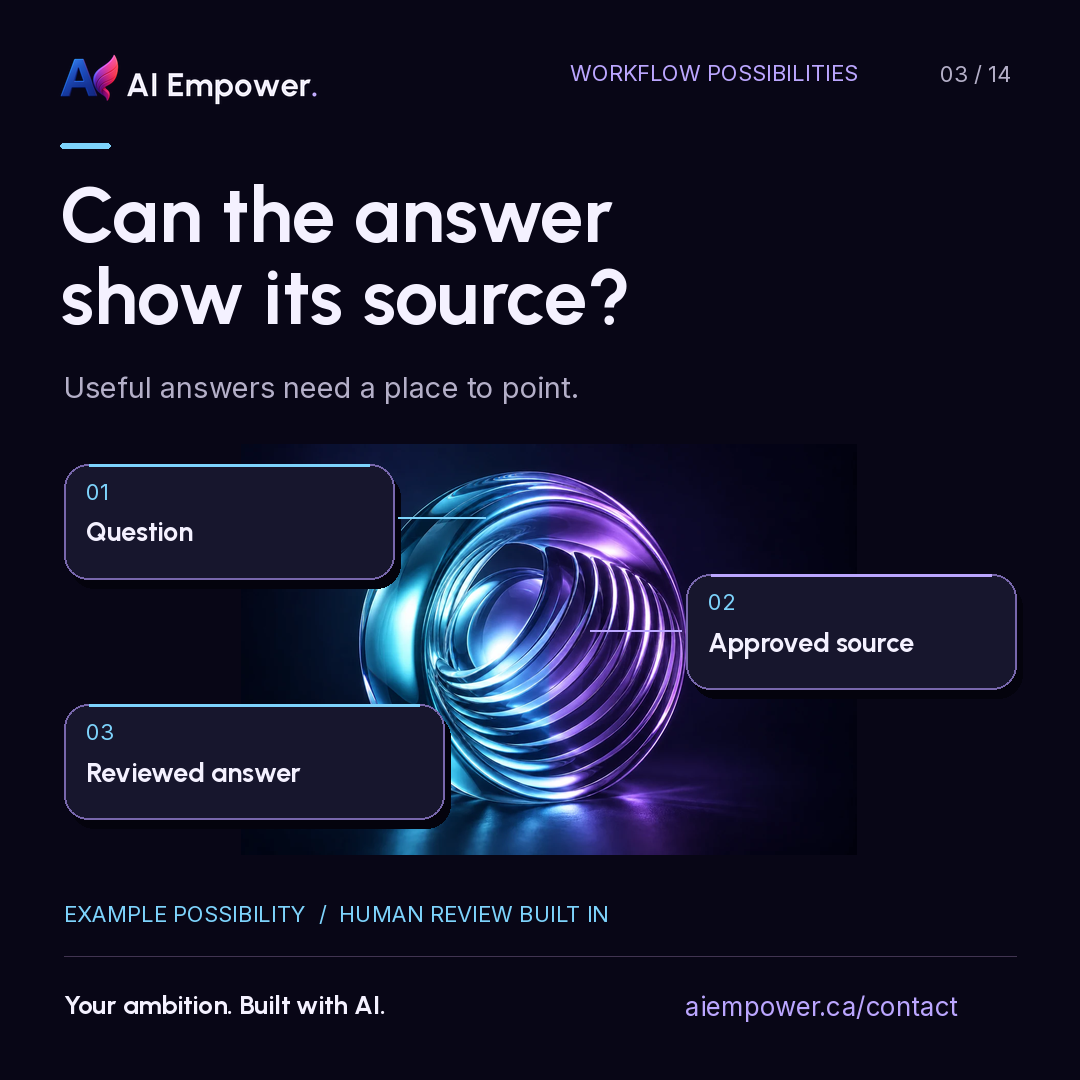 Can the answer show its source? A question, an approved source and a reviewed answer surround a blue-purple glass ring.