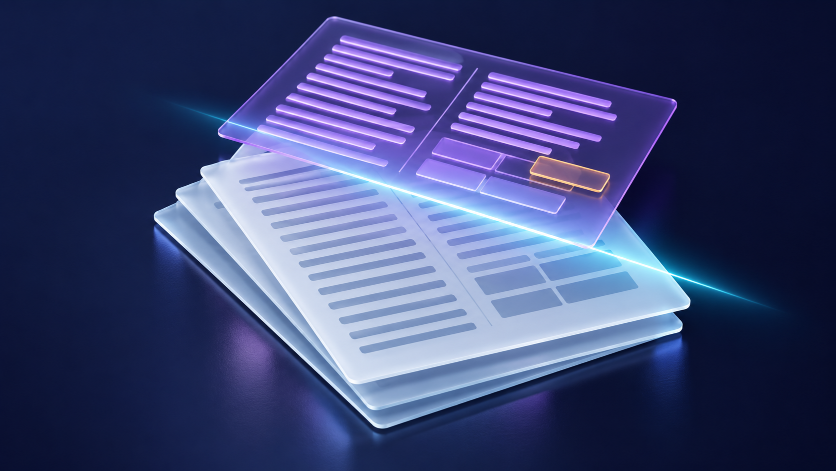 A violet extraction sheet floats above a stack of scanned pages, with twin columns and an amber table cell offset from its row.
