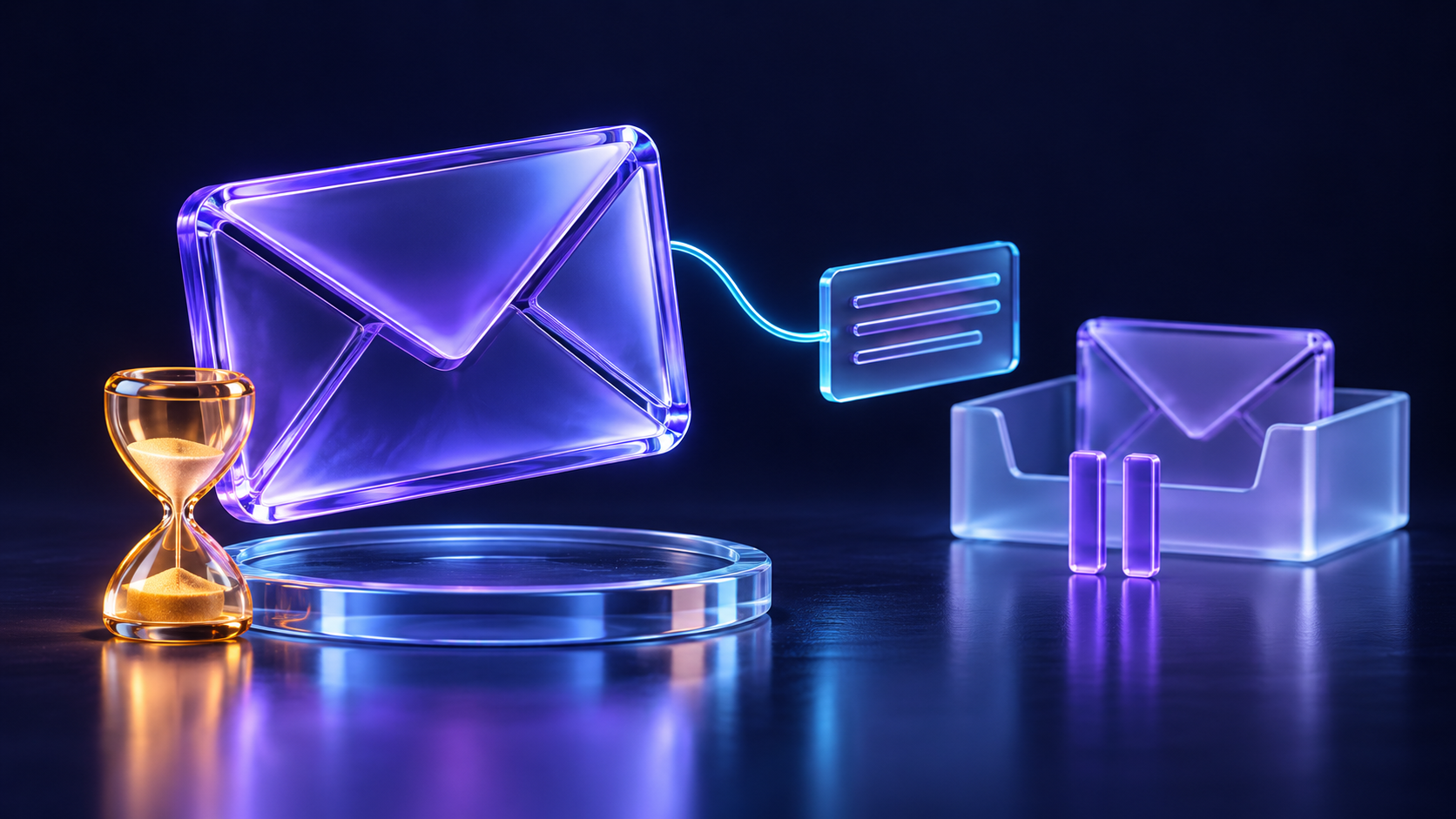 A large violet glass envelope sits beside an amber hourglass and a linked record card, while a second envelope waits in a tray behind a pause symbol.