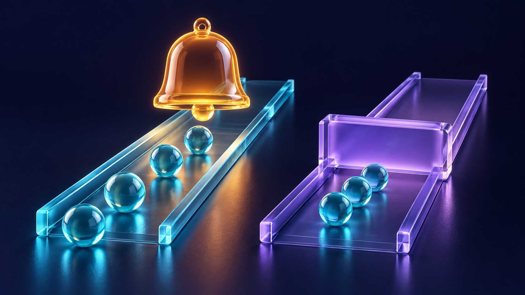 An amber bell hangs over an open track of glass spheres; on a separate violet track, three spheres wait before a lowered barrier.
