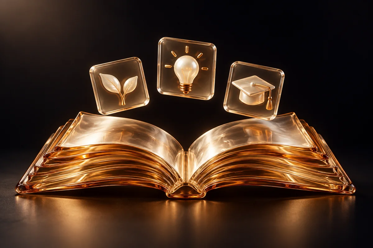 An amber glass book lies open beneath three glass tiles showing a leaf, a light bulb and a graduation cap.