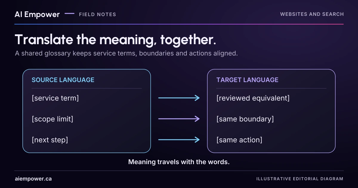 Source-language placeholders map to target-language placeholders for a service term, scope limit and next step. No unverified translation is presented.
