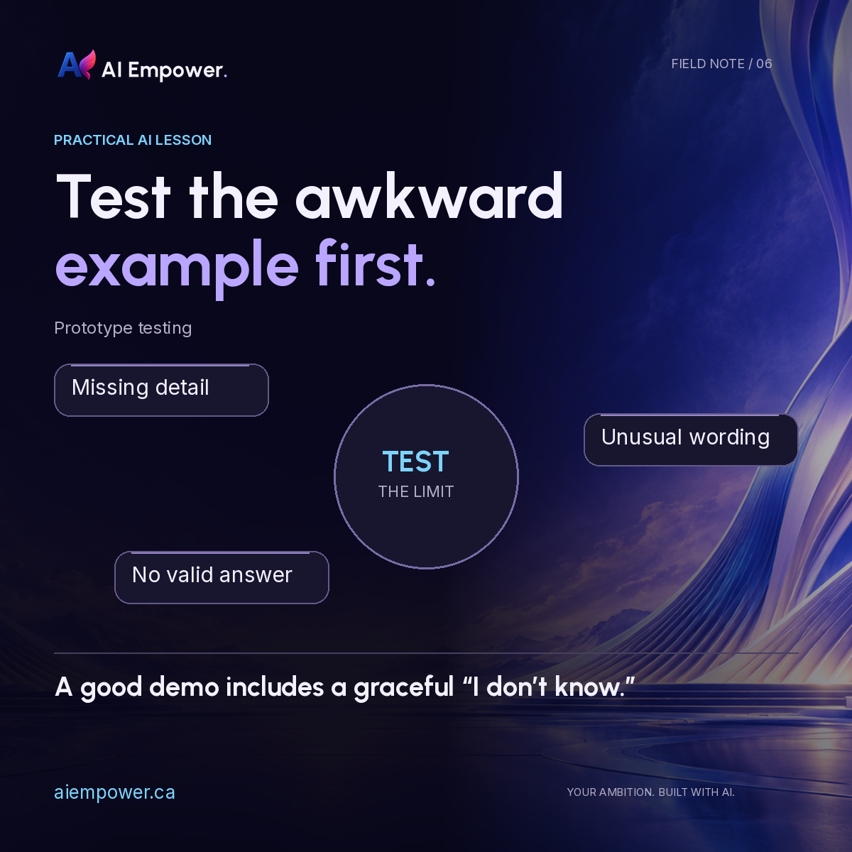 Test the awkward example first. Missing detail, unusual wording and no valid answer surround a test-the-limit diagram.