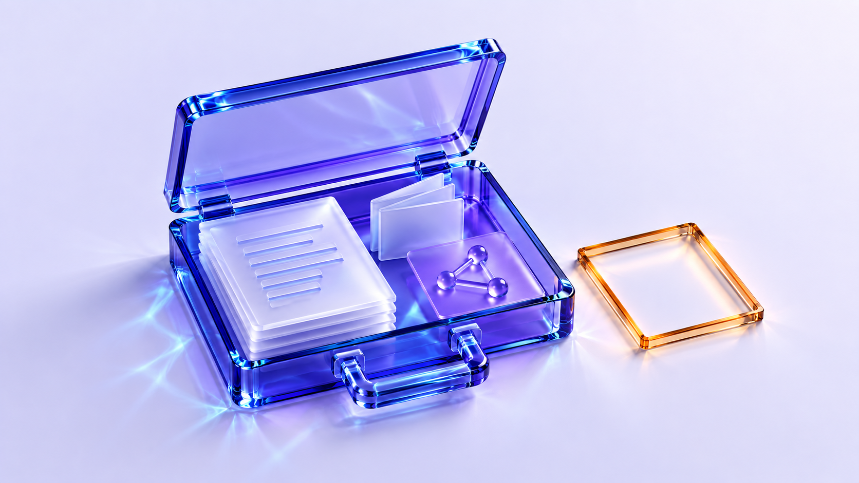 An open cobalt glass case holds documents, a booklet and a dependency card; an empty amber frame rests beside it.