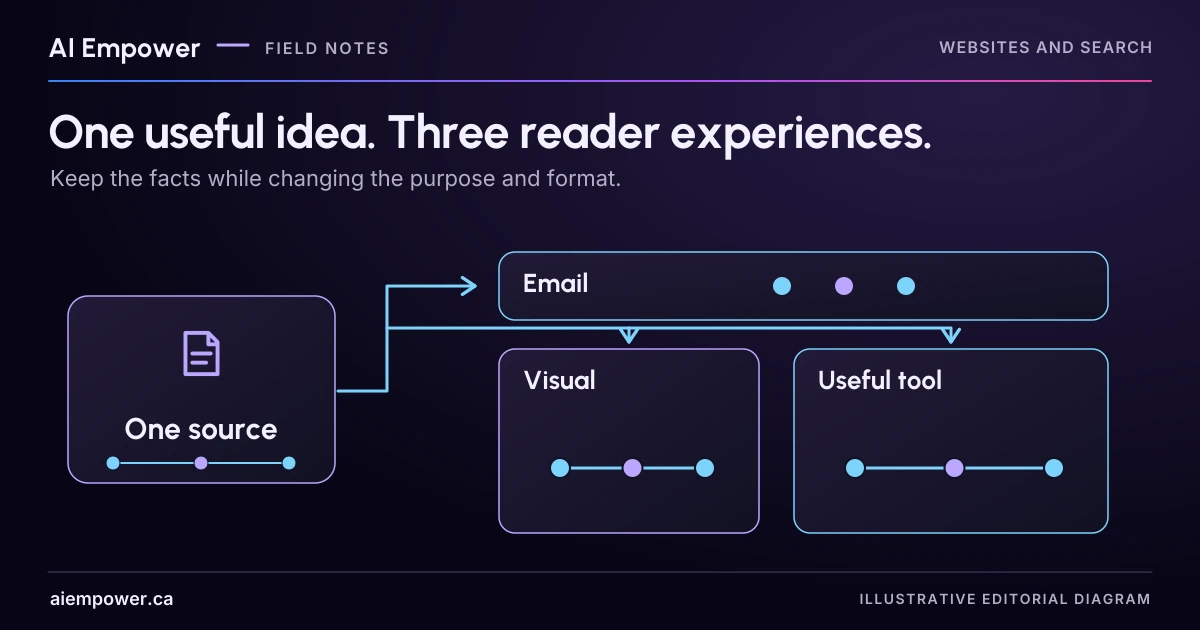 One source document branches into differently shaped email, visual and useful-tool panels, each preserving the same three-node fact motif.